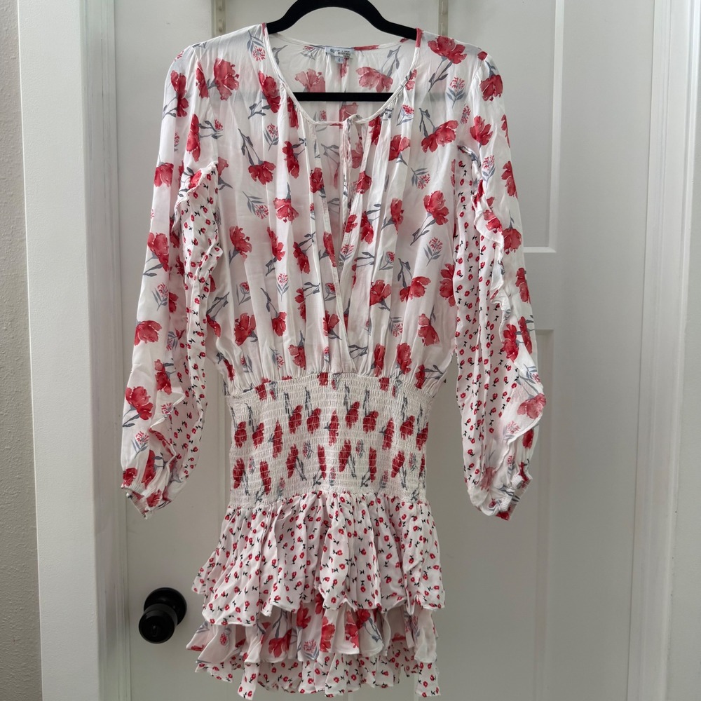 Blue Life‎ Lorena Mini Dress Watercolor Flower Red White Floral Smocked Ruffle